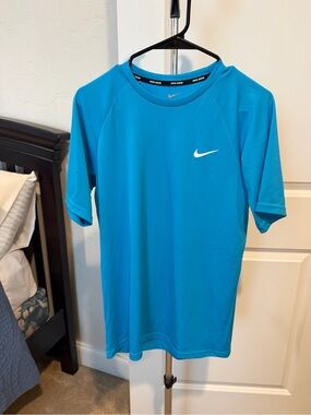 Nike Teal Blue Dri-FIT Swim Top with White Swoosh